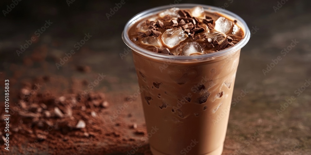 A chilled milk chocolate drink with crushed ice and espresso, served in a plastic takeout cup on a table, features a soft focus and a polycarbonate lid. A chilled milk chocolate drink with crushed ice and espresso, served in a plastic takeout cup on a table, features a soft focus and a polycarbonate lid.