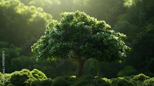 Sandalwood tree rendered in a 3D illustration, positioned in front of a lush forest, offers a serene glimpse of nature, with ample copy space for added text or branding.