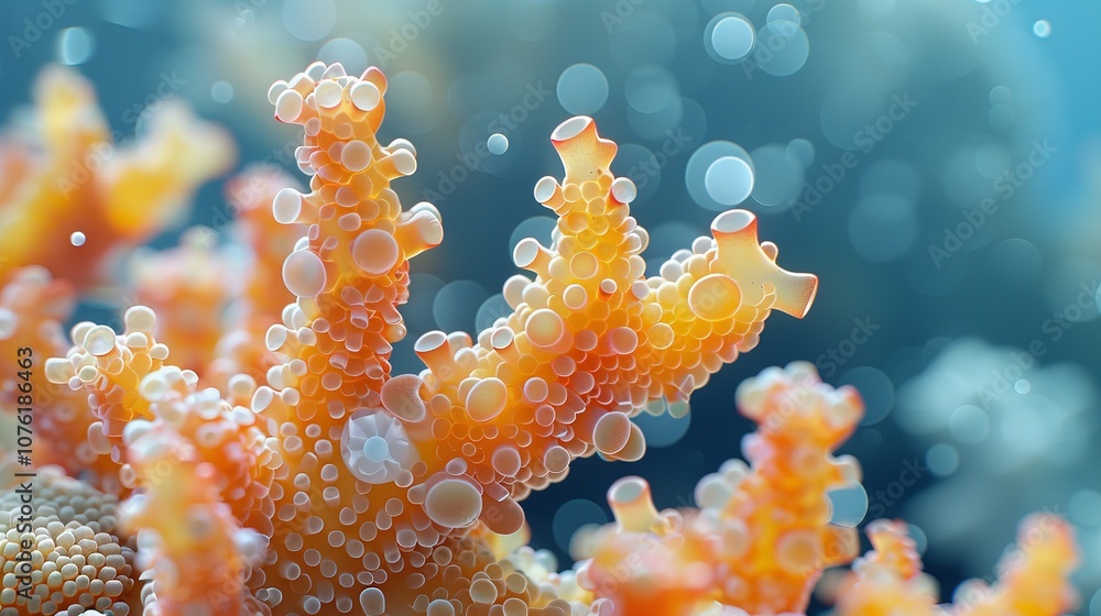 Vibrant Orange Coral Underwater with Bokeh Light Effects in Tropical Ocean. Vibrant Orange Coral Underwater with Bokeh Light Effects in Tropical Ocean.