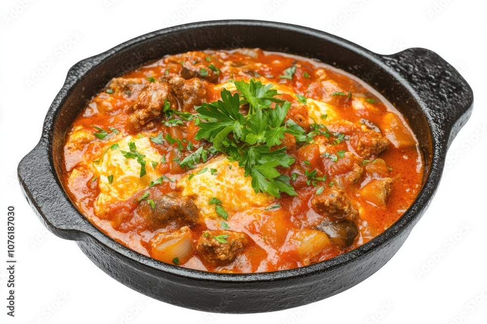 A skillet of meat, tomato sauce, and eggs with parsley garnish A skillet of meat, tomato sauce, and eggs with parsley garnish