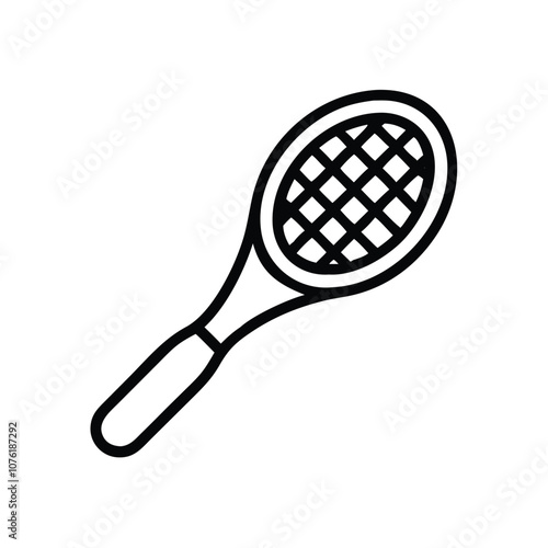 Tennis racket black line icon design, Simple black line icon of a tennis racket, commonly used in graphic design and sports-themed illustrations.
