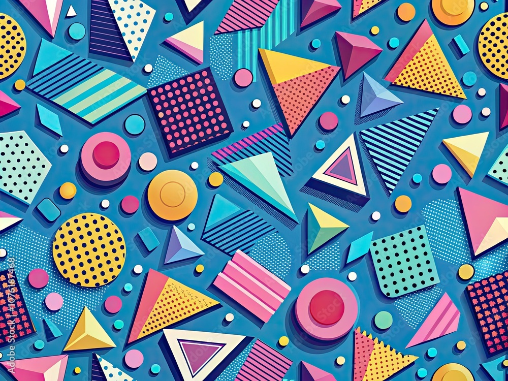 Obraz premium Abstract Colorful Minimalist Geometric Wallpaper with Trendy Memphis Style Pattern and Ample Empty Space for Creative Design and Modern Aesthetic Appeal