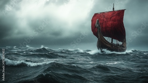 Viking Ship Sailing Through Stormy Seas