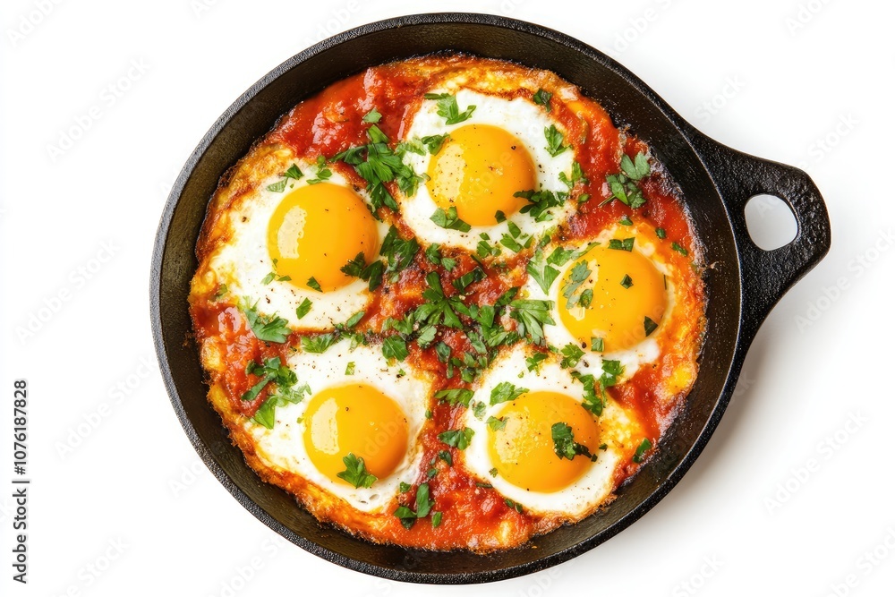 Fried Eggs with Tomato Sauce and Parsley in a Cast Iron Pan