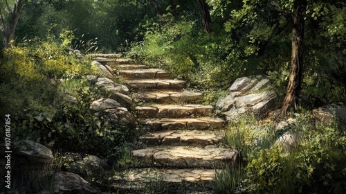 Stony steps lead downwards, inviting exploration among nature, with a focus on the descending path that weaves through the natural scenery, perfect for a tranquil outdoor experience.