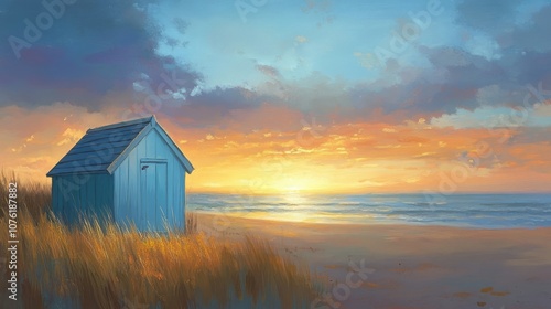 Beach hut at sunrise creates a serene atmosphere, inviting tranquility and reflection. The beach hut stands peacefully against the soft morning light, perfect for capturing the moment.