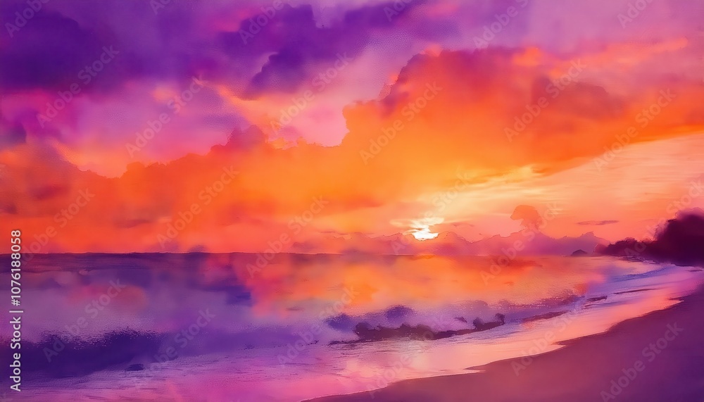 Fototapeta premium Dreamy Watercolor Sunset Sky with Radiant Layers of Orange, Pink, and Purple Hues, Capturing the Soft, Tranquil Beauty of a Summer Evening Horizon. Ideal for Calming Backgrounds or Artistic Designs