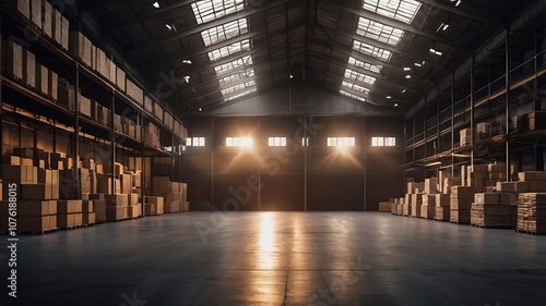 Cardboard boxes stack in warehouse with sunny lighting