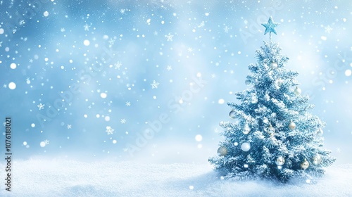 Blue winter snowy background banner designed for Christmas themes, creating a festive atmosphere perfect for holiday promotions and seasonal celebrations. Ample copy space for text.