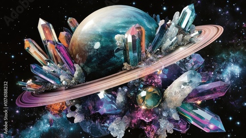 3D planetoid adorned with exquisite gemstones and sparkling crystals, creating a mesmerizing view. The 3D planetoid glistens with the vibrant colors of gemstones and crystals, capturing attention.