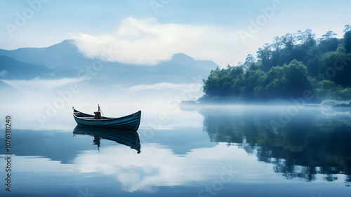 Fototapeta Naklejka Na Ścianę i Meble -  Tranquil Wooden Boat on Serene Lake at Dawn
