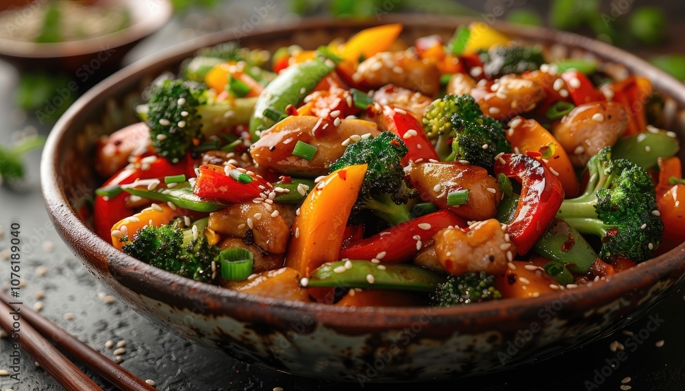 Close-up of a Stir-Fry with Chicken, Broccoli, Peppers, and Sesame Seeds Close-up of a Stir-Fry with Chicken, Broccoli, Peppers, and Sesame Seeds