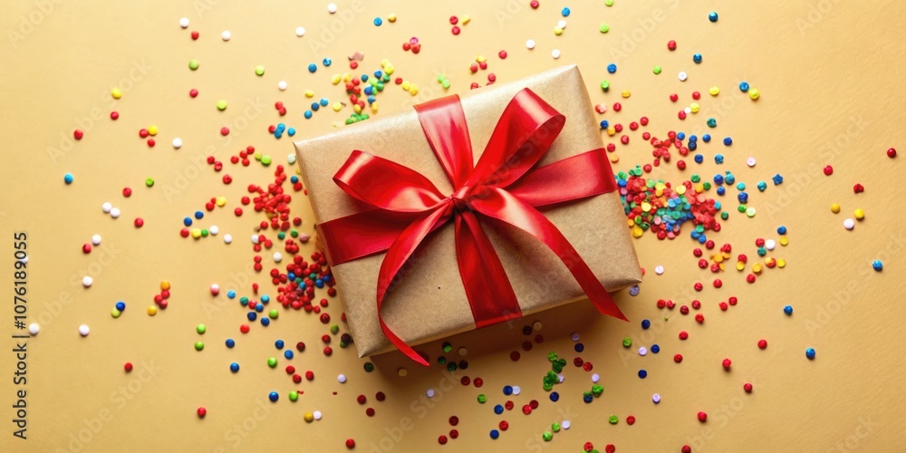 Festive Gift Box with Red Ribbon and Confetti on Cream Background Festive Gift Box with Red Ribbon and Confetti on Cream Background