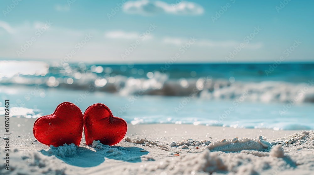 Fototapeta premium Red Hearts on a Sandy Beach