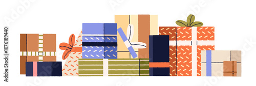 Many Christmas gift boxes banner. A lot of Xmas, New Year's presents. Pile of wrapped giftboxes for Birthday surprise. Heap of festive packages for holiday. Flat isolated vector illustration on white