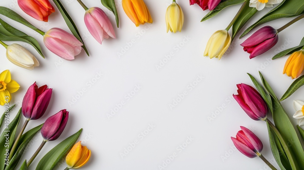 A vibrant arrangement of tulips and daffodils framing a blank space, perfect for spring-themed designs and floral inspiration. A vibrant arrangement of tulips and daffodils framing a blank space, perfect for spring-themed designs and floral inspiration.