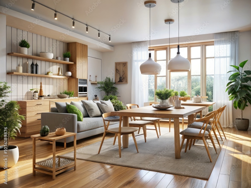Modern Scandinavian and Japandi Living Room Interior Design in 4K 3D Rendering - Contemporary Dining Space, Minimalist Aesthetics, Cozy Atmosphere, Natural Materials, Bright Lighting Modern Scandinavian and Japandi Living Room Interior Design in 4K 3D Rendering - Contemporary Dining Space, Minimalist Aesthetics, Cozy Atmosphere, Natural Materials, Bright Lighting