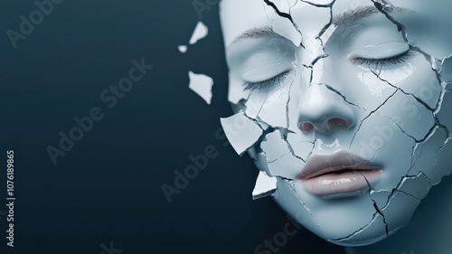 The image depicts a cracked mannequin face, symbolizing fragility and the duality of beauty and brokenness against a dark backdrop. photo