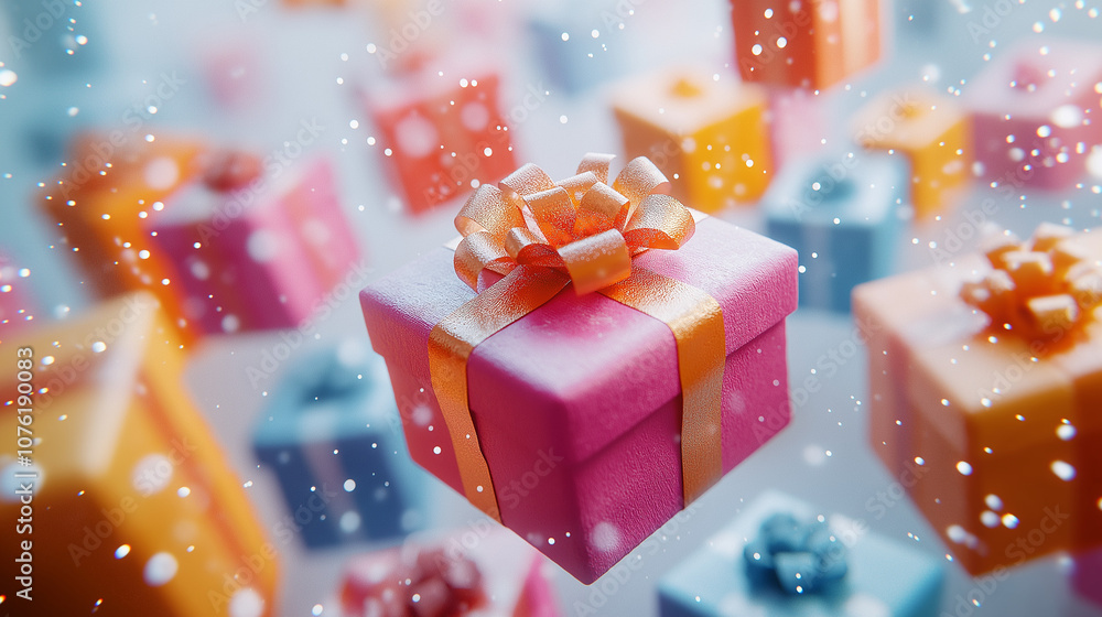 Fototapeta premium Brightly colored gift box in motion against a clean white background, appearing to speed through the scene with motion trails, giving a sense of dynamic movement and excitement.
