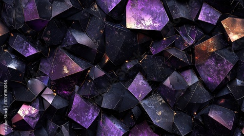 Geometric purple crystal shapes with iridescent texture and metallic highlights