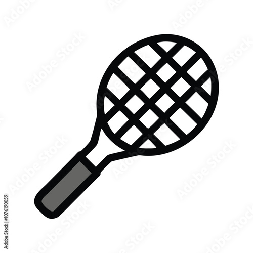 Tennis racket black line icon design, Simple black line icon of a tennis racket, commonly used in graphic design and sports-themed illustrations.
