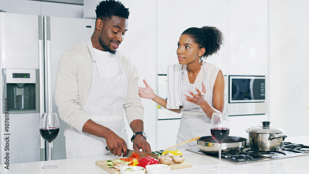 Cooking, conversation and couple in kitchen, vegetables or dinner with routine. People, man or woman with ingredients, healthy food or discussion with relationship, marriage or lunch for date or home Cooking, conversation and couple in kitchen, vegetables or dinner with routine. People, man or woman with ingredients, healthy food or discussion with relationship, marriage or lunch for date or home