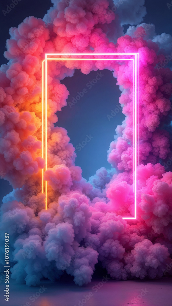 Fototapeta premium A vibrant abstract concept with colorful smoke and a neon frame