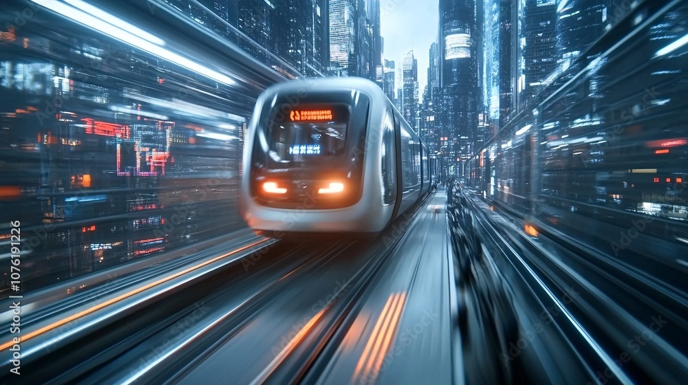 Fototapeta premium Futuristic Train Speeding Through Neon Cityscape