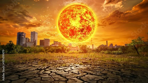 Sun Burning Cityscape, Buildings, Climate Change, Global Warming, Apocalypse, End of the World