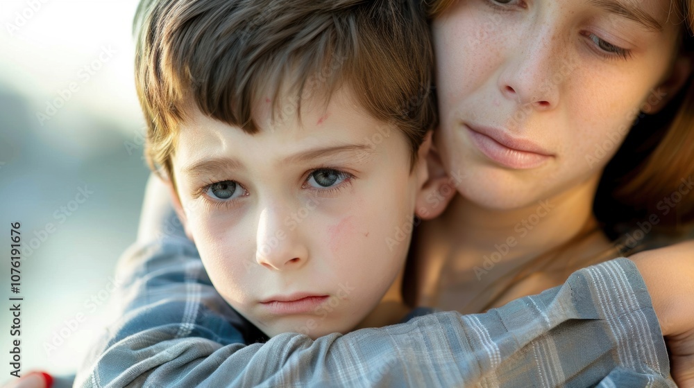 A caring mother holds her distressed son close, offering comfort and support while he cries in her arms outside A caring mother holds her distressed son close, offering comfort and support while he cries in her arms outside