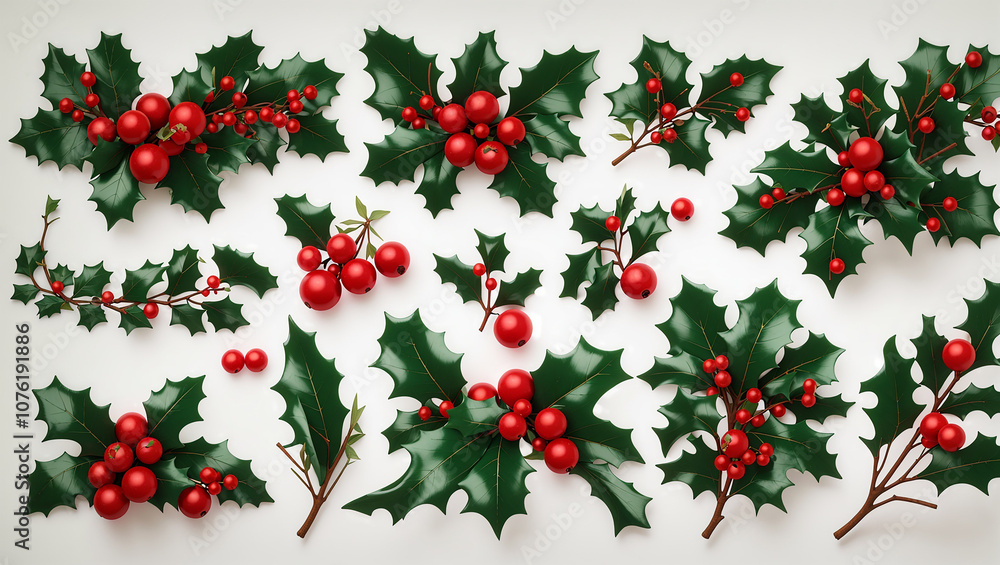 Fototapeta premium Many sprigs of holly with bright red berries, arranged on a white surface.