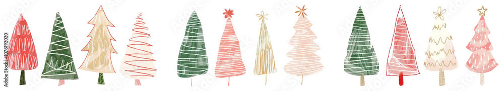 Doodle Christmas tree png cut out element set Doodle Christmas tree png cut out element set