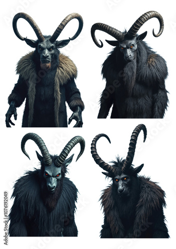 A set of four dark mythical goat humanoid creatures with horns, fur, and eerie expressions. Perfect for fantasy, mythology, or horror themes. Transparent background.