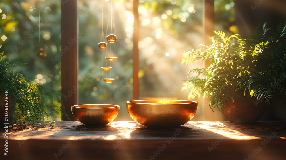Photo of a singing bowl used during a meditation session in a serene meditation space, capturing the peaceful atmosphere and spiritual connection facilitated by the sound therapy tool, ideal for theme Photo of a singing bowl used during a meditation session in a serene meditation space, capturing the peaceful atmosphere and spiritual connection facilitated by the sound therapy tool, ideal for theme