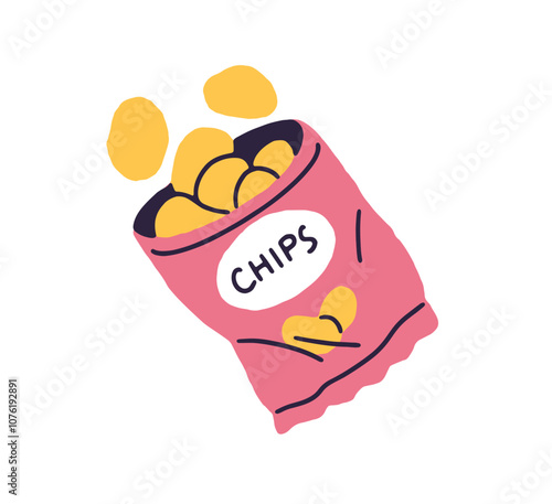 Icon of open bag of tasty salty potato chips. Colored pack of appetizing crispy snack. Packaging of fried slices. Fastfood, modern fast food. Flat isolated vector illustration on white background