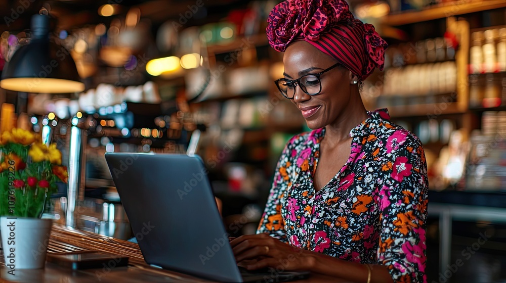 A woman working on a laptop in a vibrant cafe, showcasing modern remote work culture. A woman working on a laptop in a vibrant cafe, showcasing modern remote work culture.