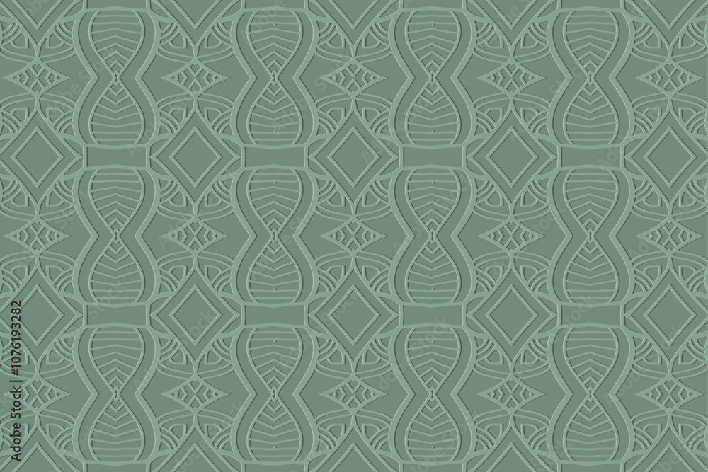 Green boho background, tribal cover design, banner. Geometric abstract 3D pattern, embossing. Textured ornaments, arabesques, mandala of the East, Asia, India, Mexico, Aztec, Peru. Ethnic print. Green boho background, tribal cover design, banner. Geometric abstract 3D pattern, embossing. Textured ornaments, arabesques, mandala of the East, Asia, India, Mexico, Aztec, Peru. Ethnic print.