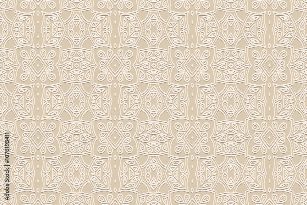 Light beige boho background, tribal cover design, banner. Geometric artistic 3D pattern, embossing. Textured ornaments, arabesques, mandala of the East, Asia, India, Mexico, Aztec, Peru. Ethnic print. Light beige boho background, tribal cover design, banner. Geometric artistic 3D pattern, embossing. Textured ornaments, arabesques, mandala of the East, Asia, India, Mexico, Aztec, Peru. Ethnic print.
