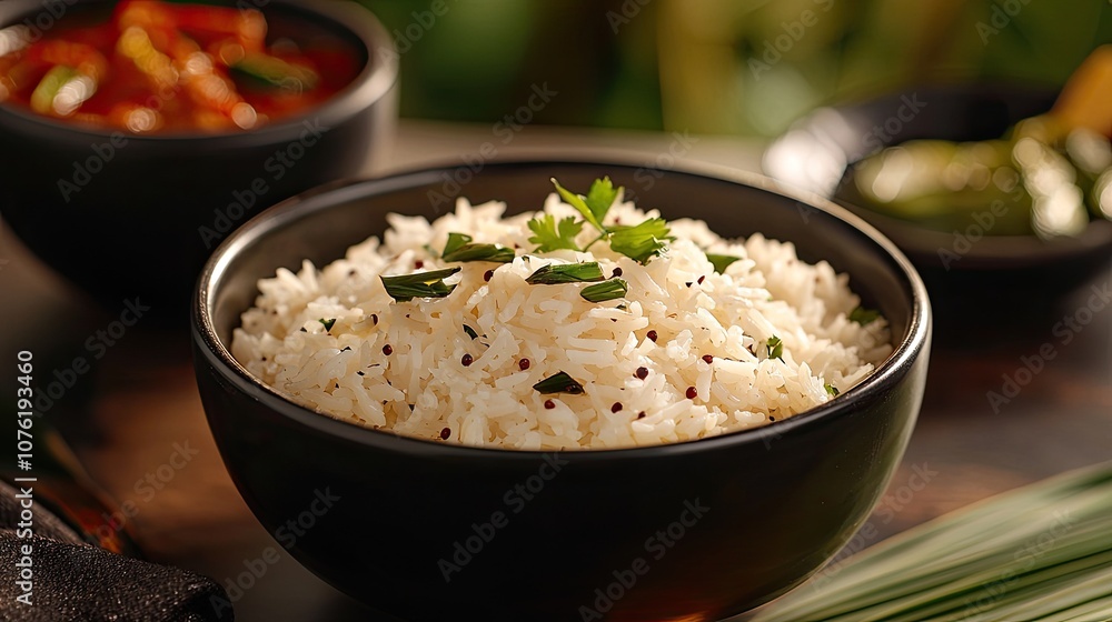 Delicious and aromatic bowl of steamed rice garnished with fresh herbs. Delicious and aromatic bowl of steamed rice garnished with fresh herbs.