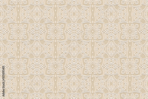 Light beige boho background, tribal cover design, banner. Geometric artistic 3D pattern, embossing. Textured ornaments, arabesques, mandala of the East, Asia, India, Mexico, Aztec, Peru. Ethnic print.