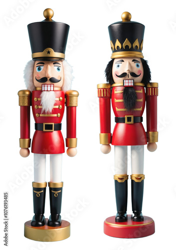 Two classic wooden nutcracker soldiers in festive red and gold uniforms with tall hats and detailed designs. Iconic Christmas decor, standing upright, traditional holiday ornament. 