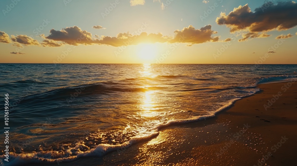 Fototapeta premium Golden sunset over the calm ocean with gentle waves and sandy beach.