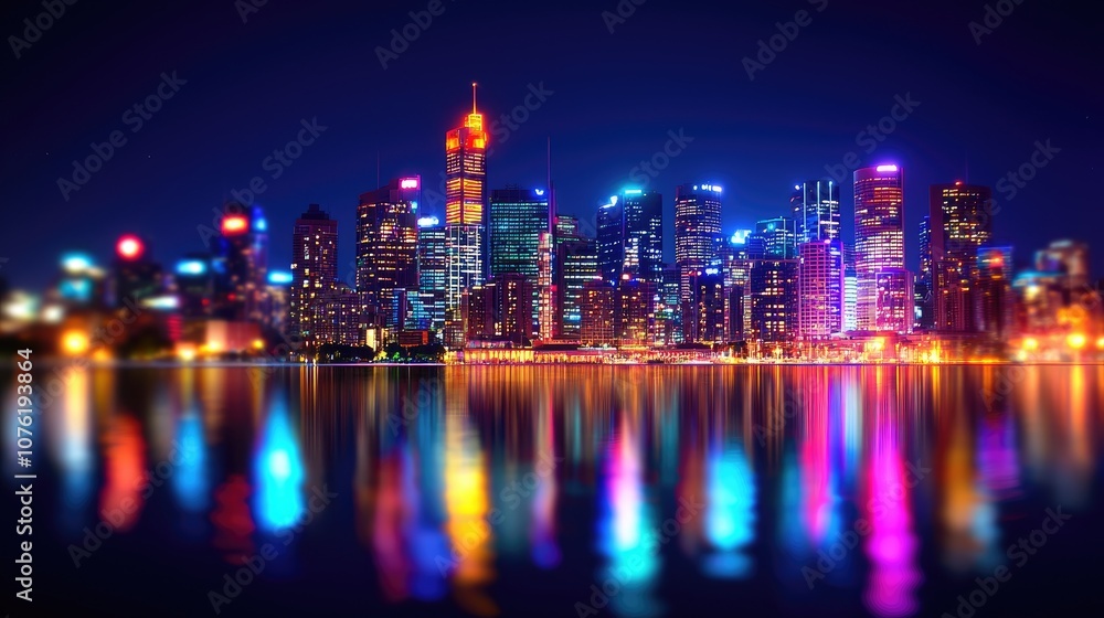 Fototapeta premium Vibrant city skyline at night with colorful reflections on the water surface.