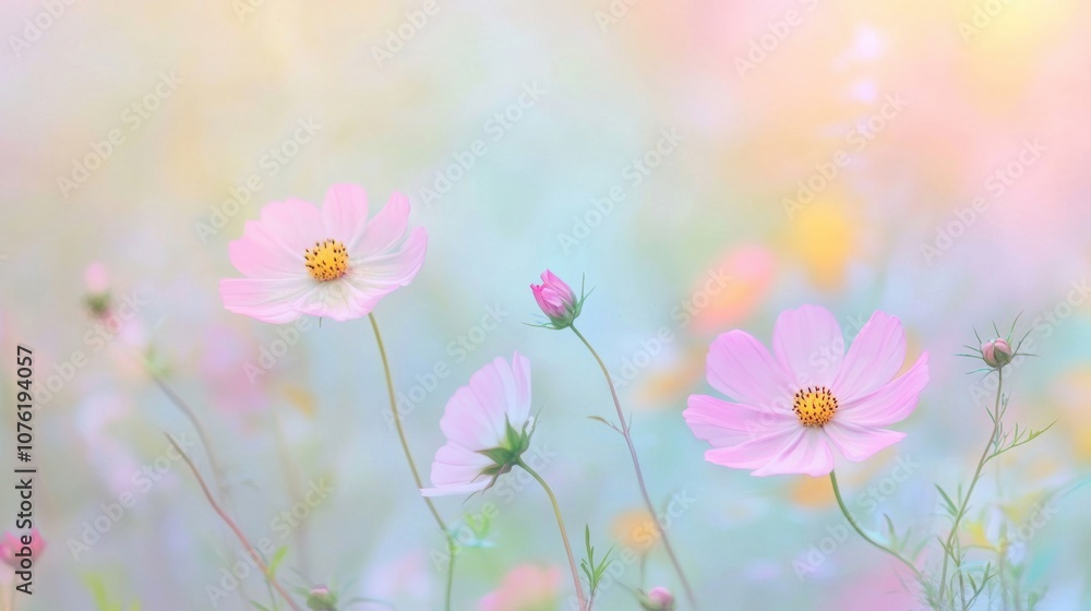 Delicate pastel flowers gently sway in the breeze, filling a sunlit field with vibrant colors in the tranquility of springtime Delicate pastel flowers gently sway in the breeze, filling a sunlit field with vibrant colors in the tranquility of springtime