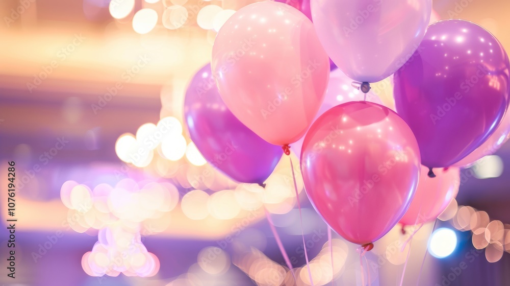 Pink and purple balloons float gracefully in soft lighting, adding charm and joy to a celebratory event Pink and purple balloons float gracefully in soft lighting, adding charm and joy to a celebratory event