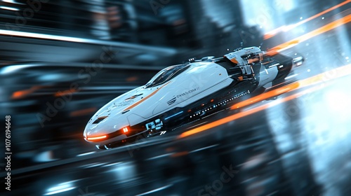 Futuristic Speeding Racecar on Neon Highway