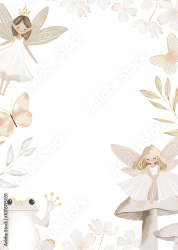 Fairy Garden Watercolor Frame, Enchanted Forest, Spring Fairies, Fairy Border, Flower, Floral, Neutral Colors, Decor, Overlay