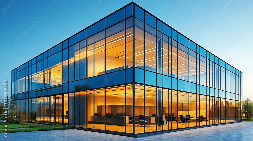 Modern Glass Office Building with Illuminated Interior Modern Glass Office Building with Illuminated Interior