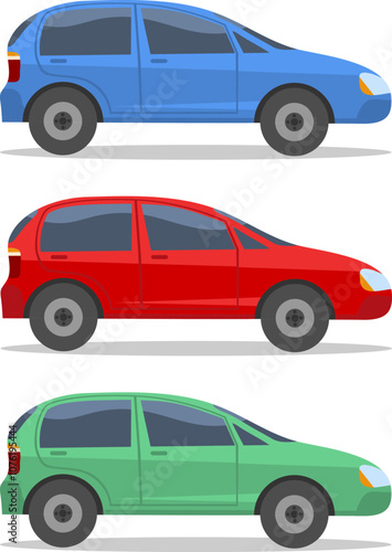 Set of multi-colored passenger cars isolated on white background with shadow. Set of cars. Vector, designer illustration.