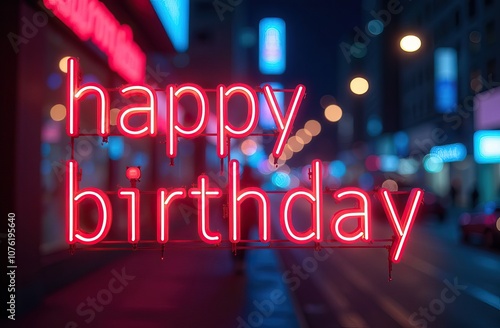 Happy Birthday neon text on night city background Calligraphy happy birthday neon text